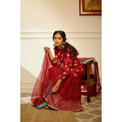 PRATIBHA SULTANIA Red Hand Botties Kurti Sharara & Bordered Organza Dupatta (Set of 3)