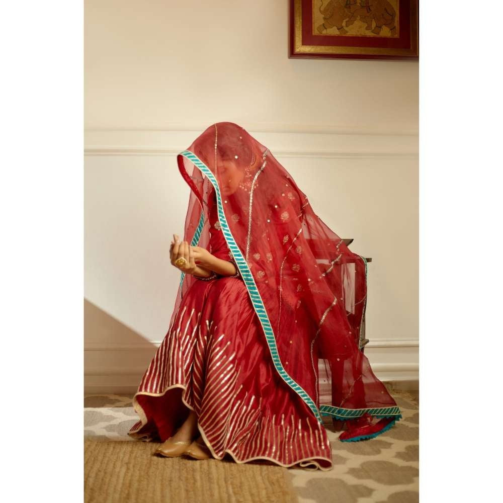 PRATIBHA SULTANIA Red Hand Botties Kurti Sharara & Bordered Organza Dupatta (Set of 3)