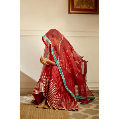 PRATIBHA SULTANIA Red Hand Botties Kurti Sharara & Bordered Organza Dupatta (Set of 3)