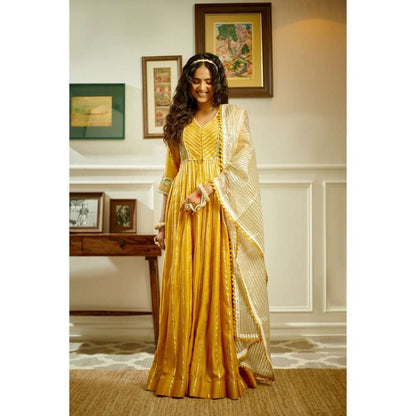 PRATIBHA SULTANIA Mustard Hand Front Open Anarkali with Pants & Dupatta (Set of 3)