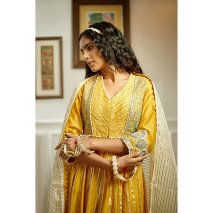 PRATIBHA SULTANIA Mustard Hand Front Open Anarkali with Pants & Dupatta (Set of 3)