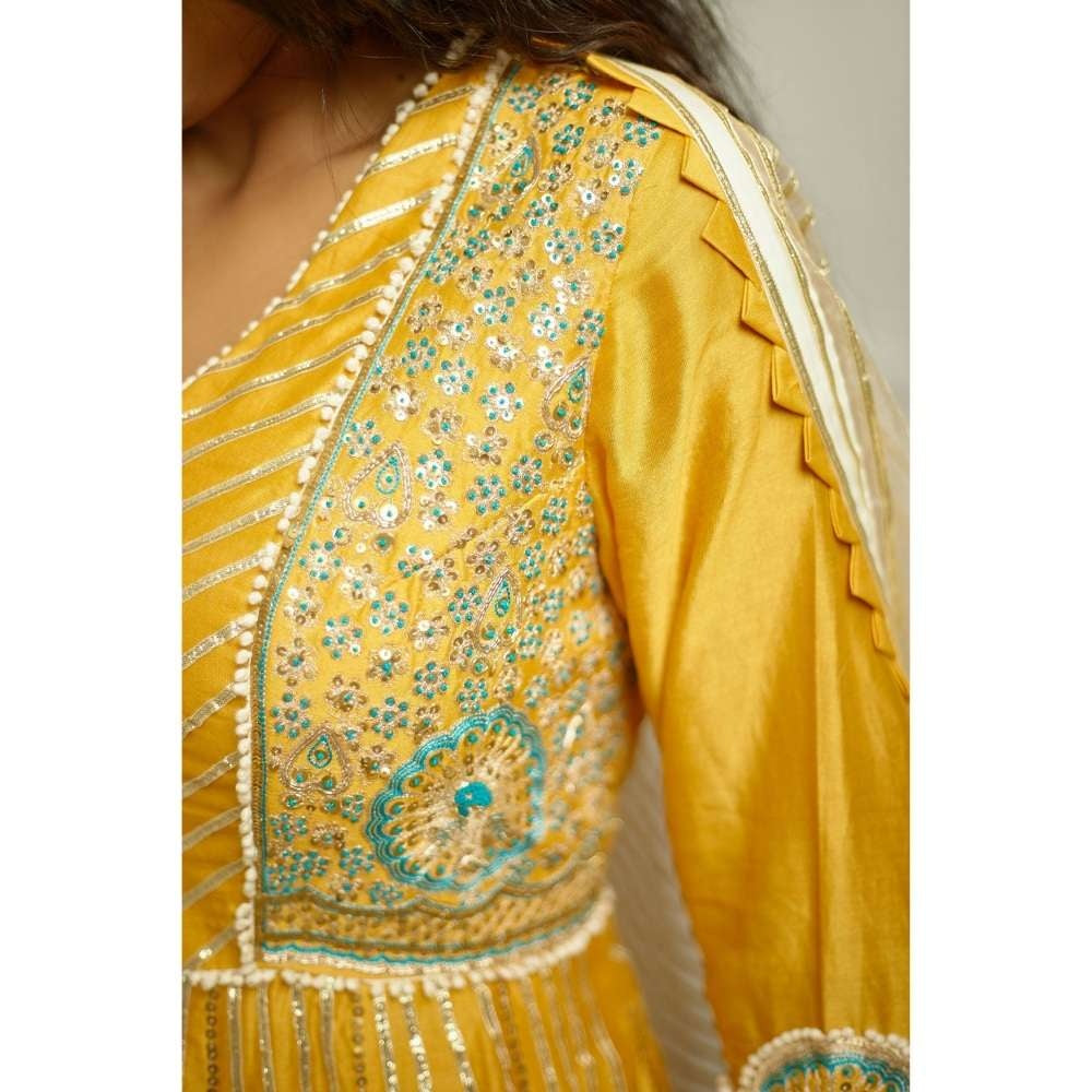 PRATIBHA SULTANIA Mustard Hand Front Open Anarkali with Pants & Dupatta (Set of 3)