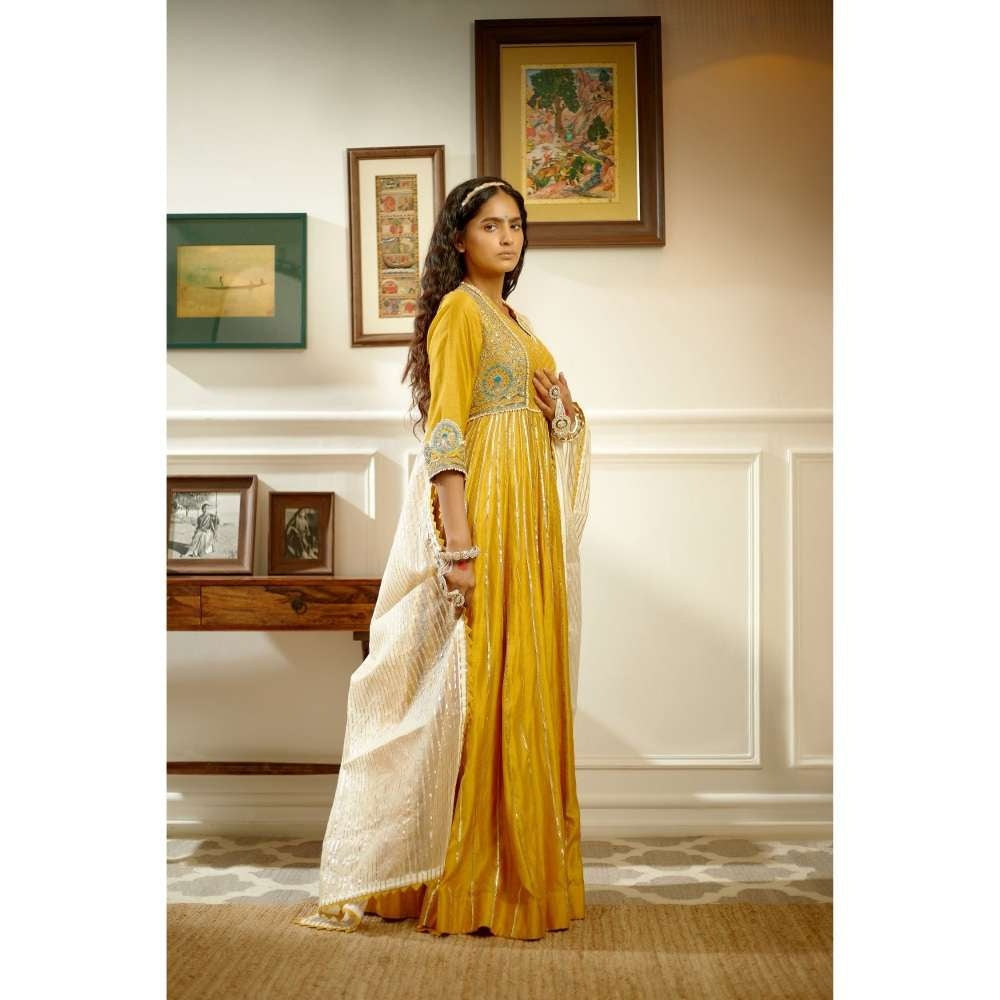 PRATIBHA SULTANIA Mustard Hand Front Open Anarkali with Pants & Dupatta (Set of 3)