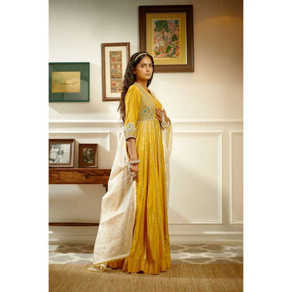PRATIBHA SULTANIA Mustard Hand Front Open Anarkali with Pants & Dupatta (Set of 3)