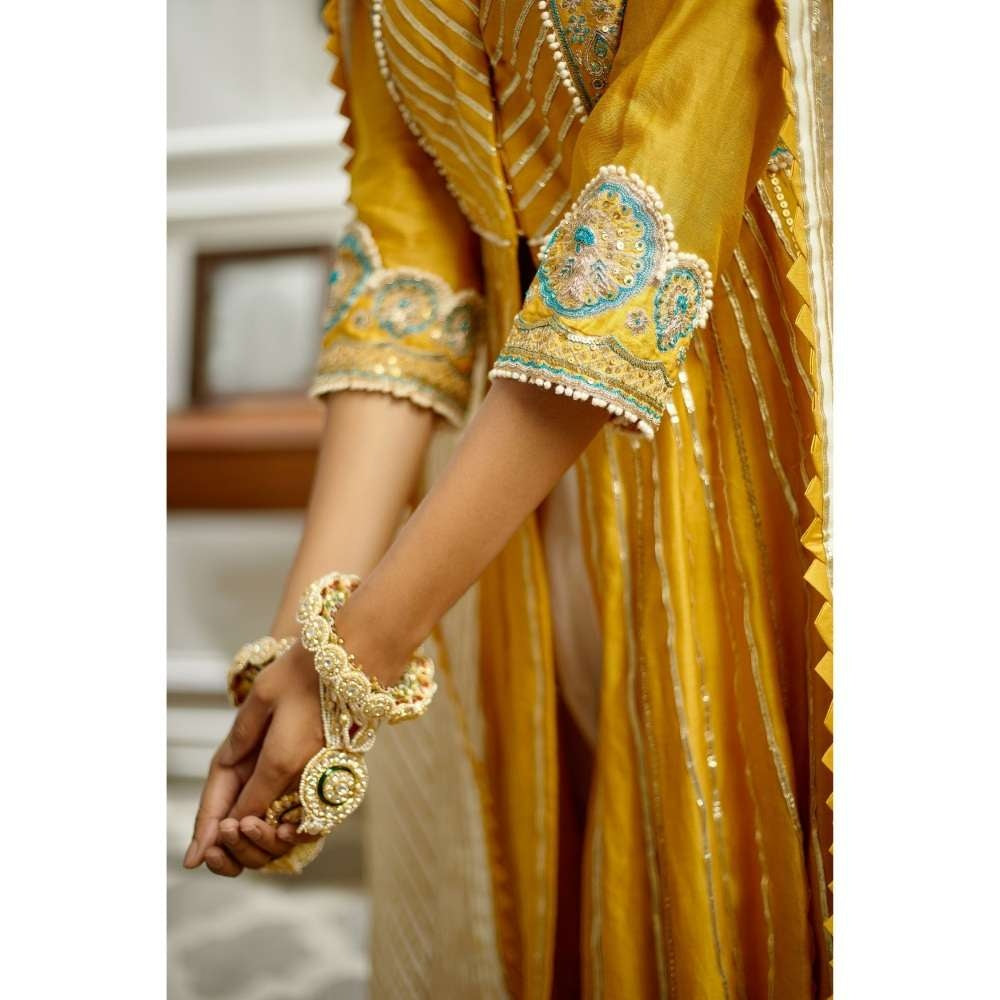 PRATIBHA SULTANIA Mustard Hand Front Open Anarkali with Pants & Dupatta (Set of 3)