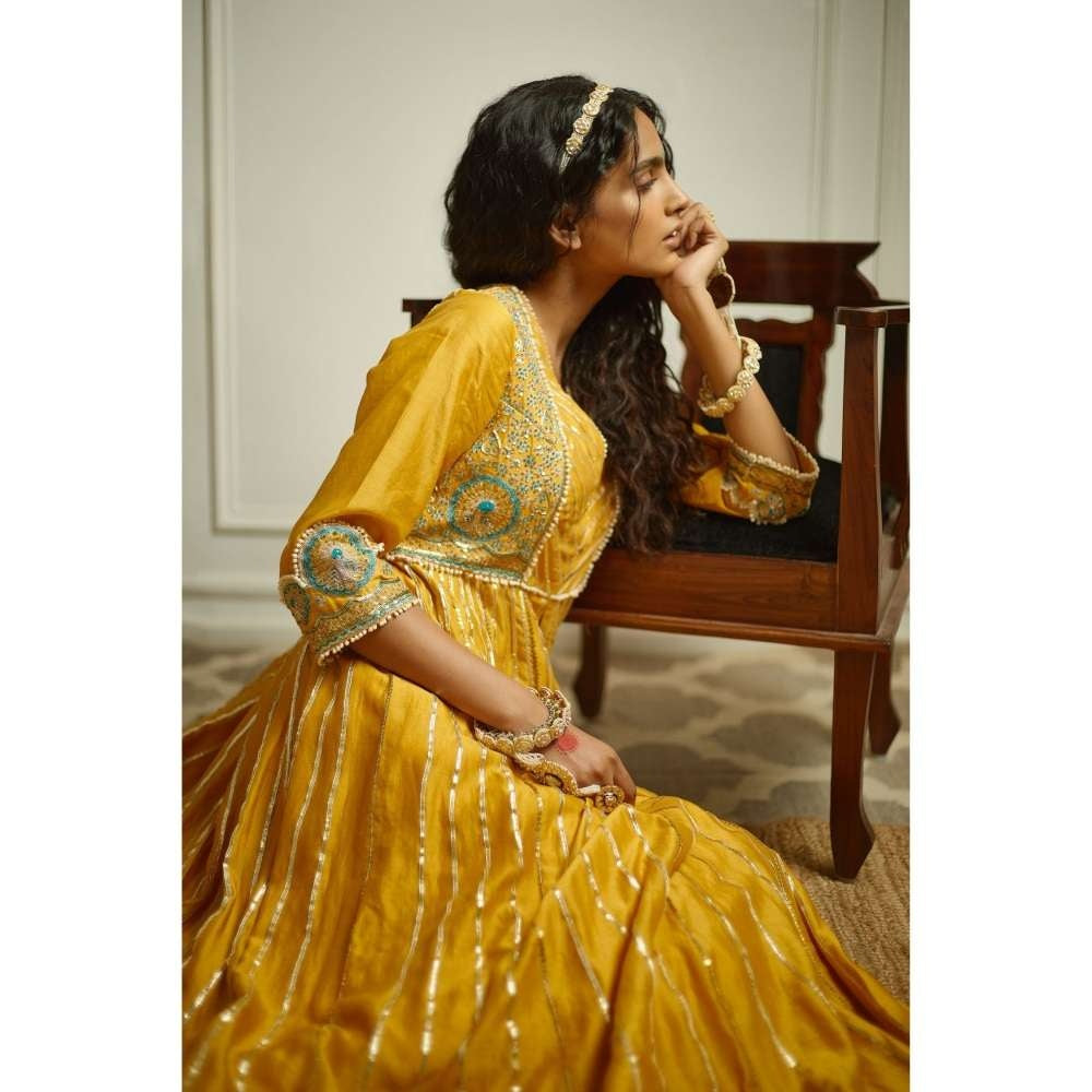 PRATIBHA SULTANIA Mustard Hand Front Open Anarkali with Pants & Dupatta (Set of 3)