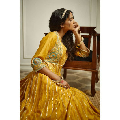 PRATIBHA SULTANIA Mustard Hand Front Open Anarkali with Pants & Dupatta (Set of 3)