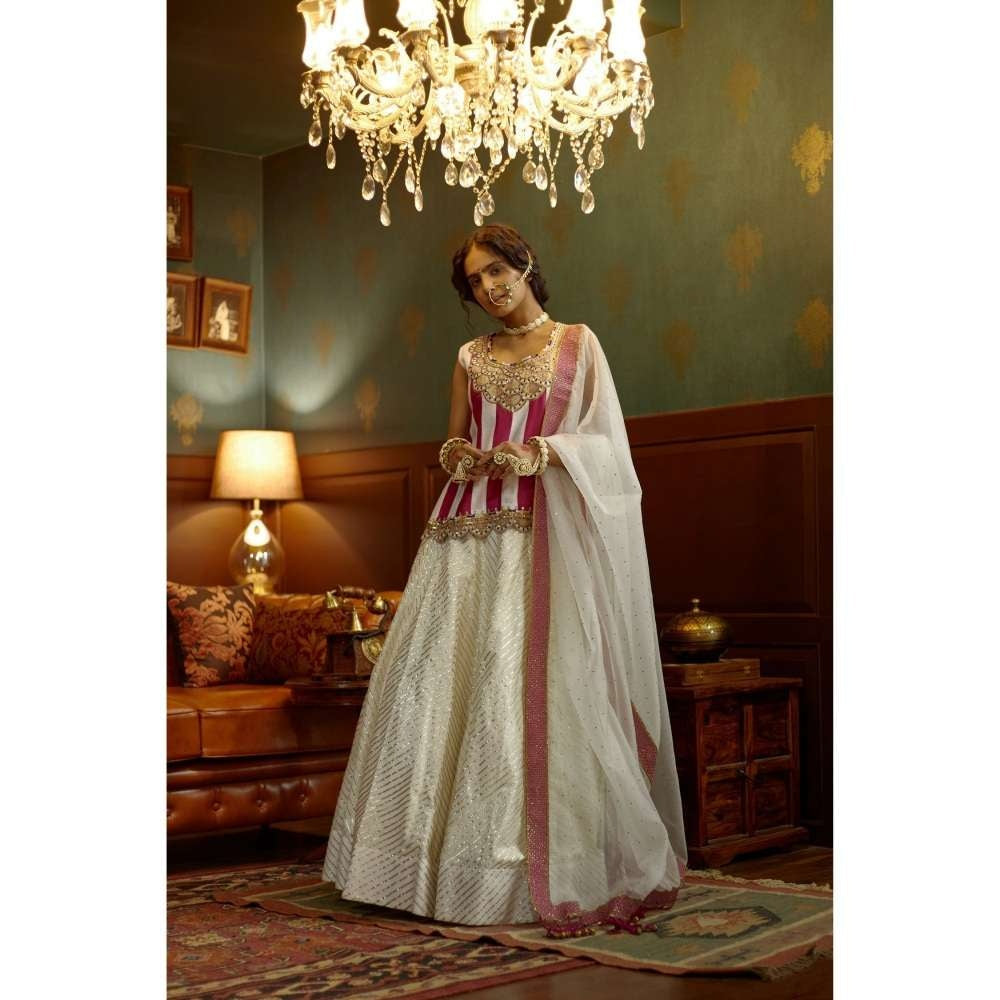 PRATIBHA SULTANIA Panelled White & Pink Kurti with Gota Lined Lehenga & Dupatta (Set of 3)