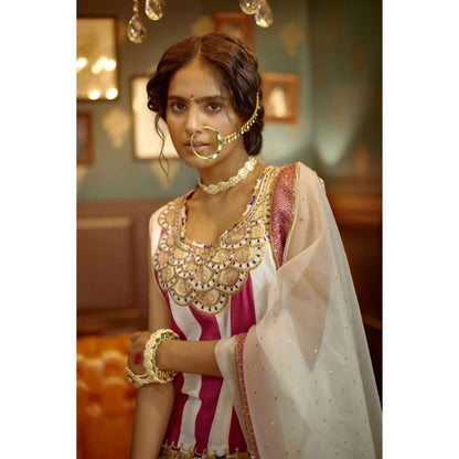 PRATIBHA SULTANIA Panelled White & Pink Kurti with Gota Lined Lehenga & Dupatta (Set of 3)