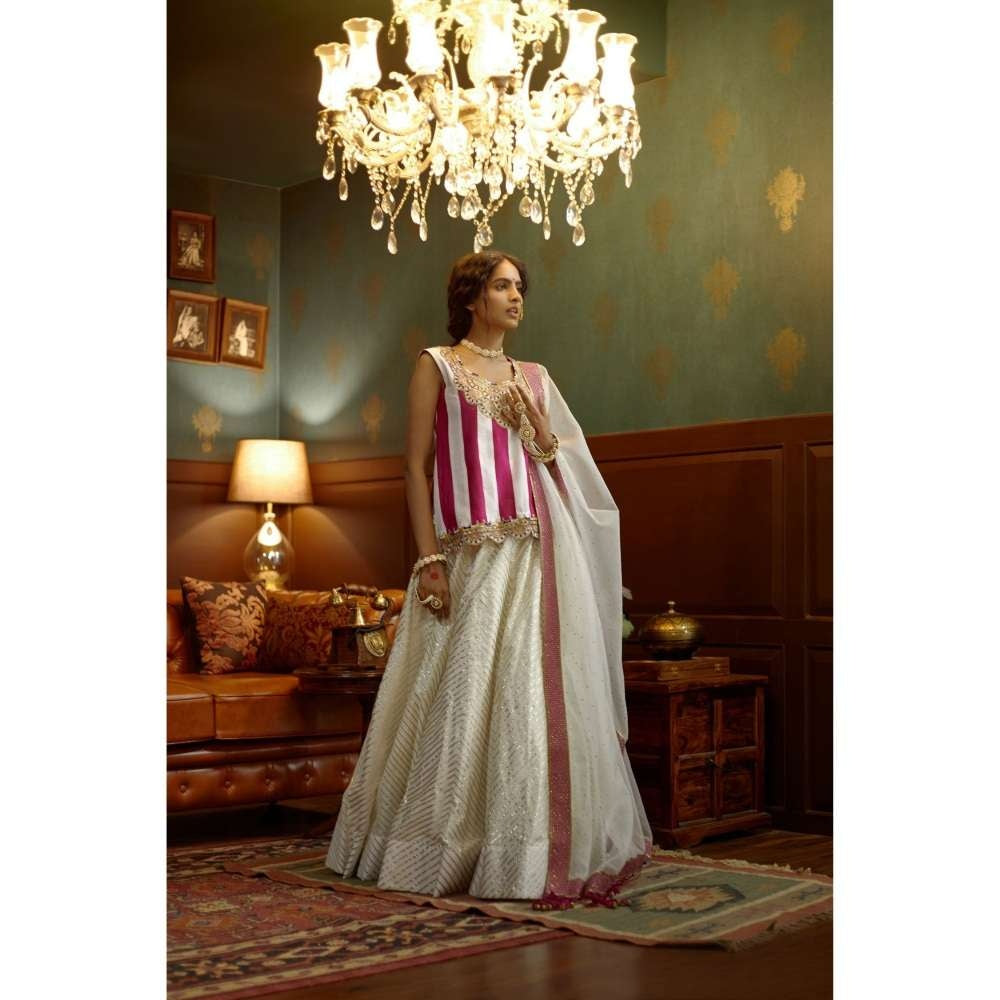 PRATIBHA SULTANIA Panelled White & Pink Kurti with Gota Lined Lehenga & Dupatta (Set of 3)