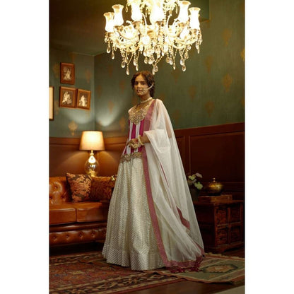 PRATIBHA SULTANIA Panelled White & Pink Kurti with Gota Lined Lehenga & Dupatta (Set of 3)