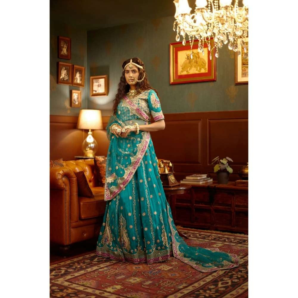 PRATIBHA SULTANIA Blue Fully Hand Lehenga with Pink Patchwork Borders (Set of 3)