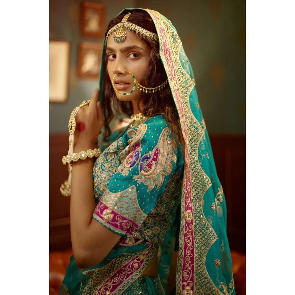 PRATIBHA SULTANIA Blue Fully Hand Lehenga with Pink Patchwork Borders (Set of 3)