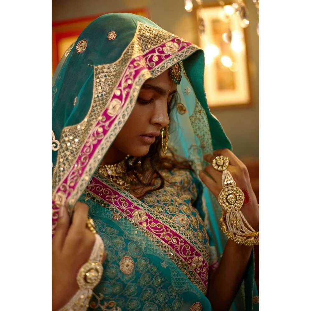 PRATIBHA SULTANIA Blue Fully Hand Lehenga with Pink Patchwork Borders (Set of 3)