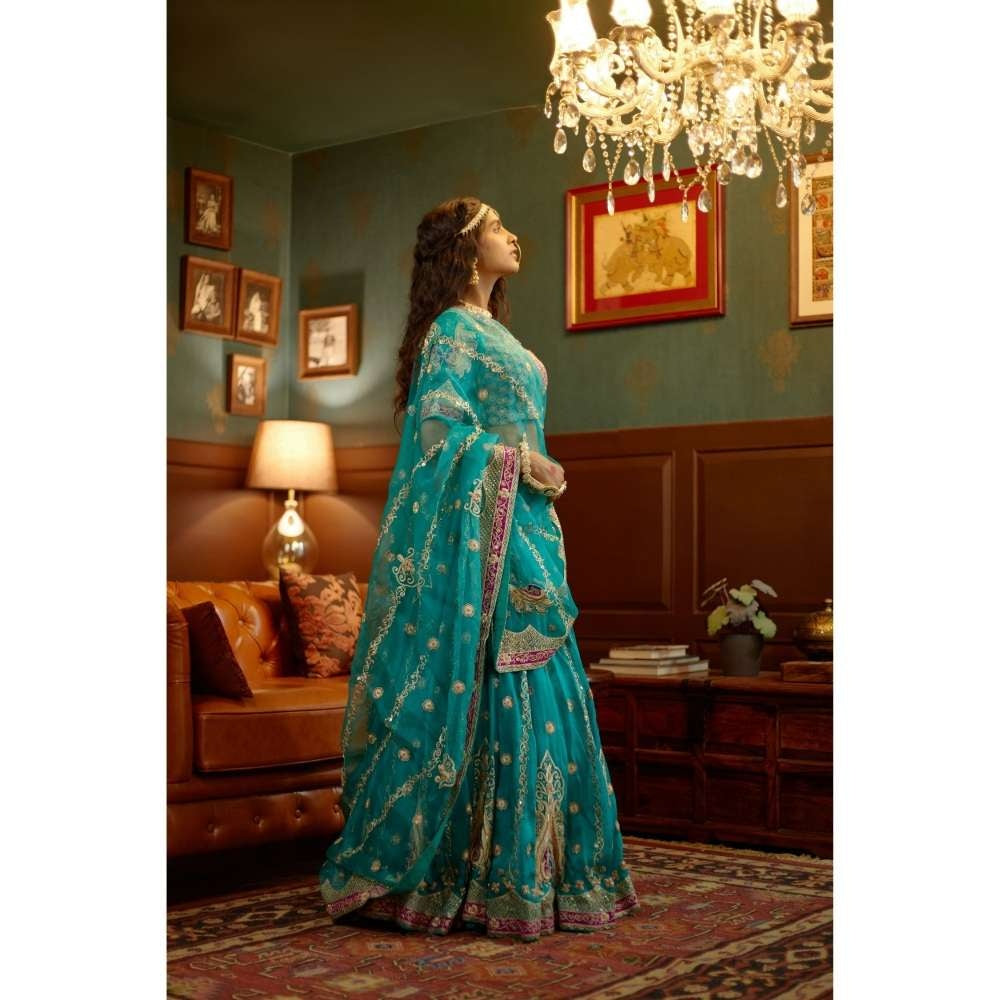 PRATIBHA SULTANIA Blue Fully Hand Lehenga with Pink Patchwork Borders (Set of 3)