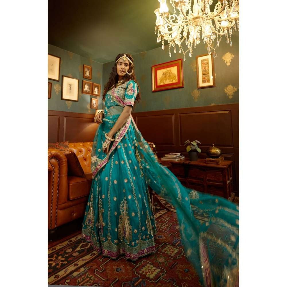 PRATIBHA SULTANIA Blue Fully Hand Lehenga with Pink Patchwork Borders (Set of 3)