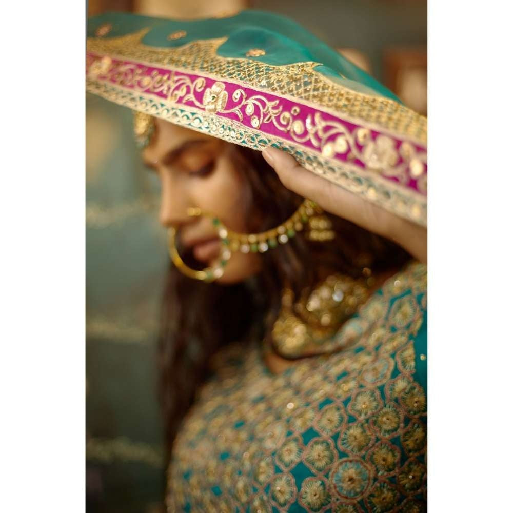 PRATIBHA SULTANIA Blue Fully Hand Lehenga with Pink Patchwork Borders (Set of 3)