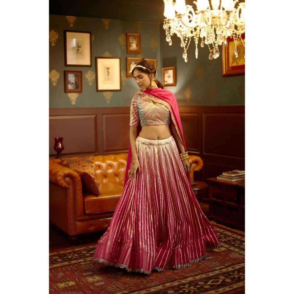 PRATIBHA SULTANIA Pink Panelled Gota Linesand Hand Blouse with Lehenga & Dupatta (Set of 3)