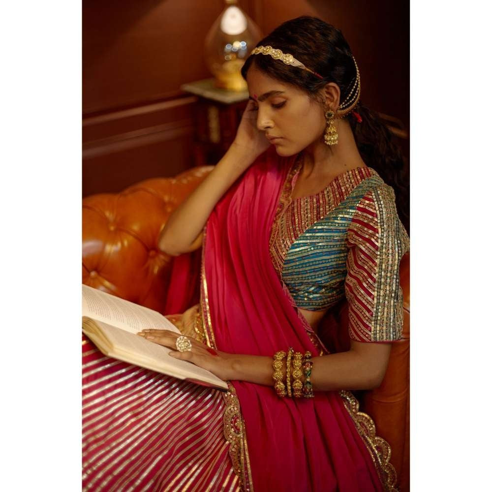 PRATIBHA SULTANIA Pink Panelled Gota Linesand Hand Blouse with Lehenga & Dupatta (Set of 3)