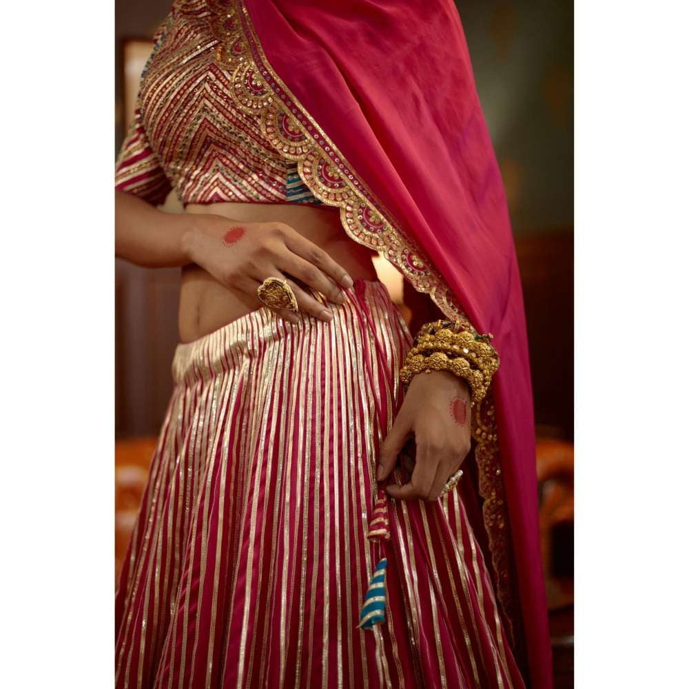 PRATIBHA SULTANIA Pink Panelled Gota Linesand Hand Blouse with Lehenga & Dupatta (Set of 3)