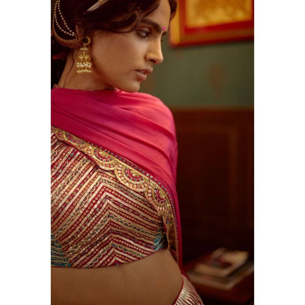 PRATIBHA SULTANIA Pink Panelled Gota Linesand Hand Blouse with Lehenga & Dupatta (Set of 3)