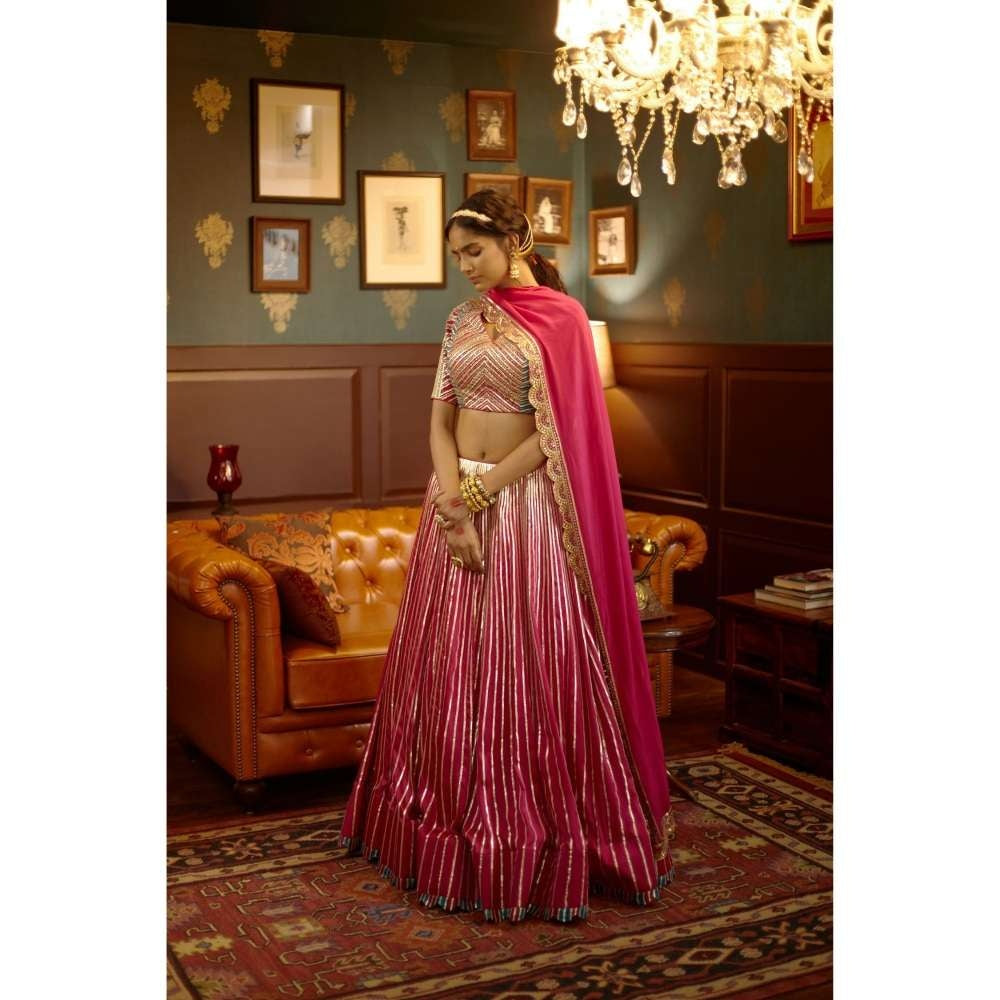 PRATIBHA SULTANIA Pink Panelled Gota Linesand Hand Blouse with Lehenga & Dupatta (Set of 3)