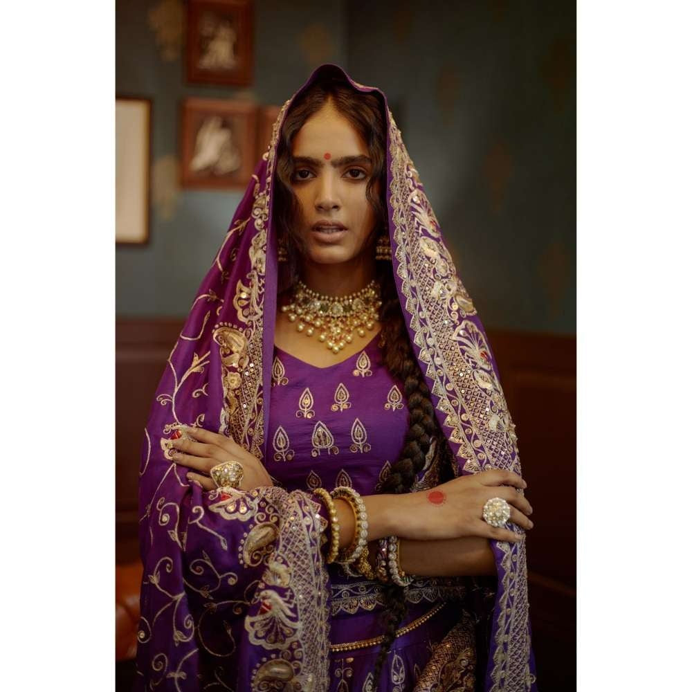 PRATIBHA SULTANIA Purple Hand Lehenga with Koti Blouse, Dupatta & Ankle Lehenga (Set of 3)