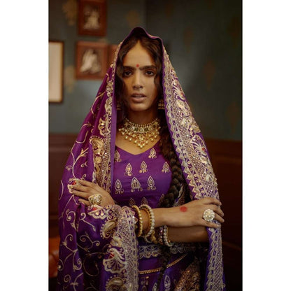 PRATIBHA SULTANIA Purple Hand Lehenga with Koti Blouse, Dupatta & Ankle Lehenga (Set of 3)