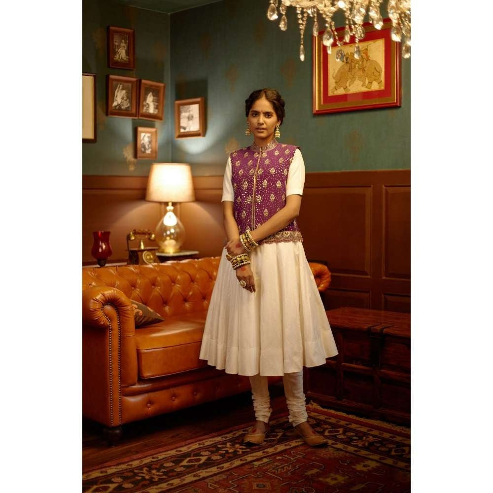 PRATIBHA SULTANIA Hand Purple Jacket White Ghera Anarkali with Churidar (Set of 3)