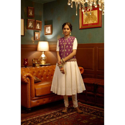 PRATIBHA SULTANIA Hand Purple Jacket White Ghera Anarkali with Churidar (Set of 3)