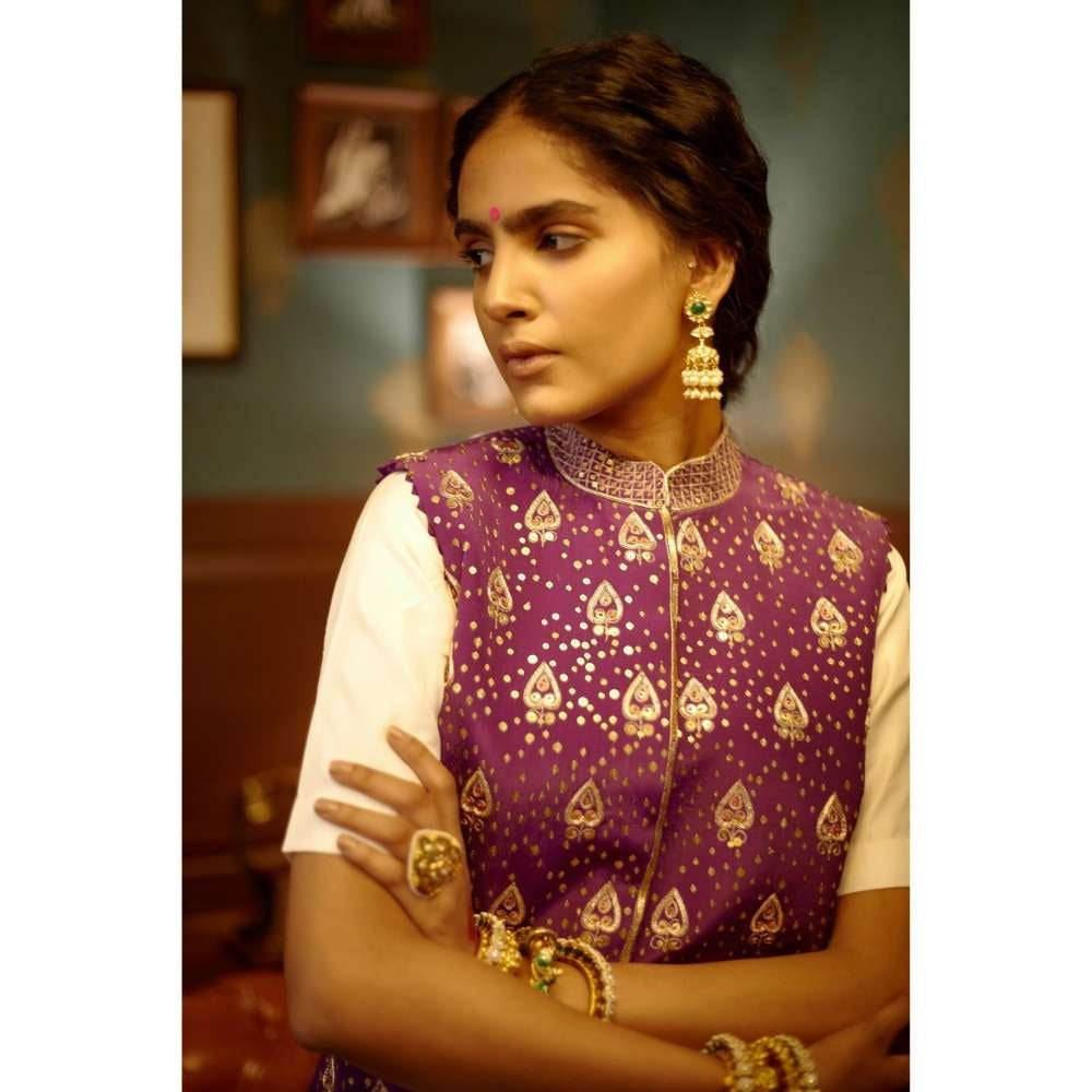 PRATIBHA SULTANIA Hand Purple Jacket White Ghera Anarkali with Churidar (Set of 3)