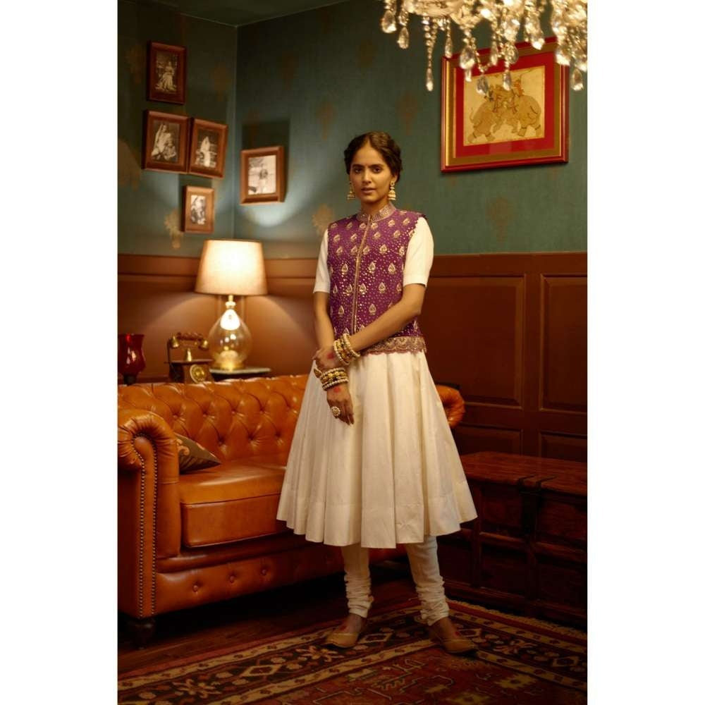 PRATIBHA SULTANIA Hand Purple Jacket White Ghera Anarkali with Churidar (Set of 3)