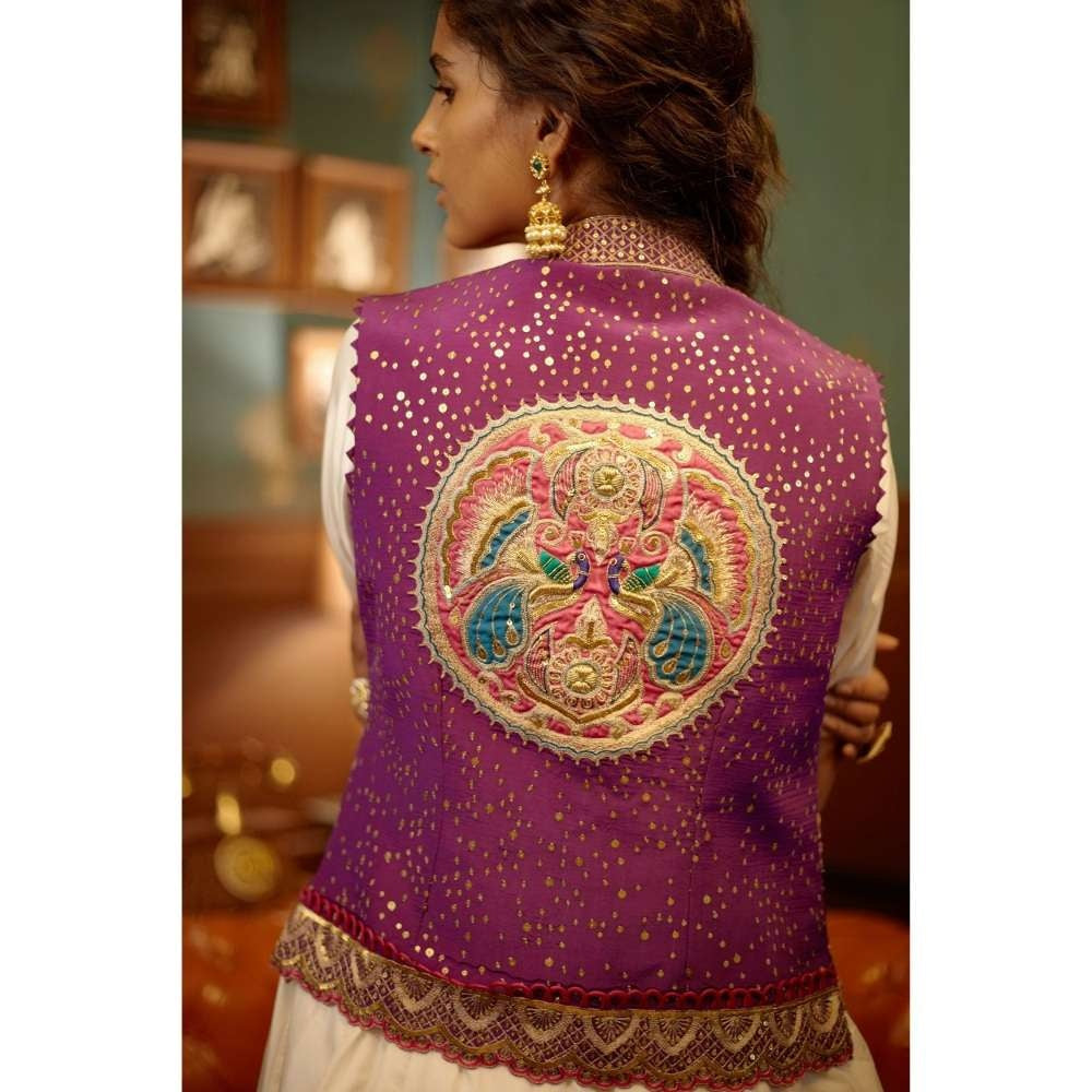 PRATIBHA SULTANIA Hand Purple Jacket White Ghera Anarkali with Churidar (Set of 3)