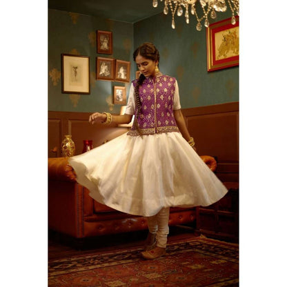PRATIBHA SULTANIA Hand Purple Jacket White Ghera Anarkali with Churidar (Set of 3)