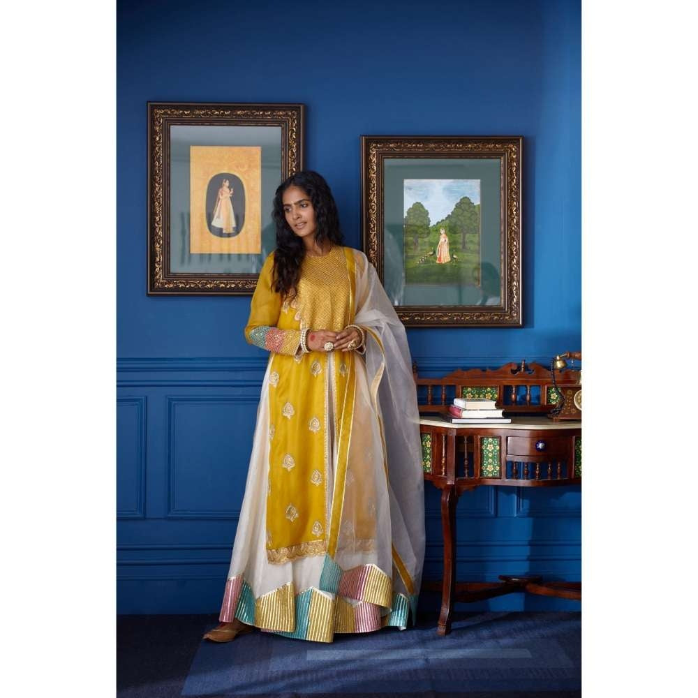 PRATIBHA SULTANIA Mustard Front Slit Kurti with Palazzo & Dupatta with Colourful Hem (Set of 3)