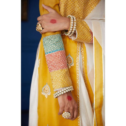 PRATIBHA SULTANIA Mustard Front Slit Kurti with Palazzo & Dupatta with Colourful Hem (Set of 3)