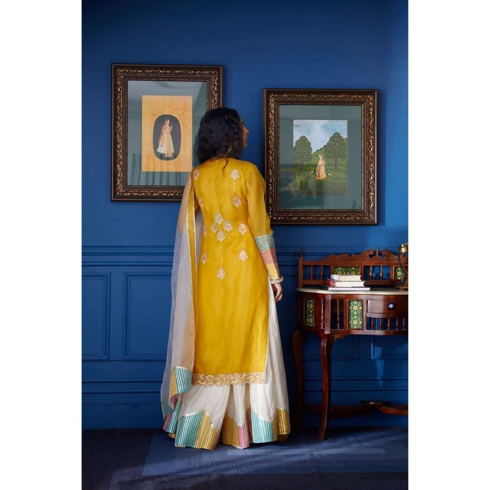 PRATIBHA SULTANIA Mustard Front Slit Kurti with Palazzo & Dupatta with Colourful Hem (Set of 3)