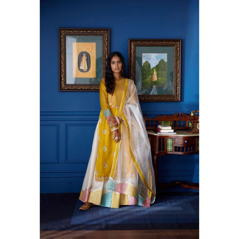 PRATIBHA SULTANIA Mustard Front Slit Kurti with Palazzo & Dupatta with Colourful Hem (Set of 3)