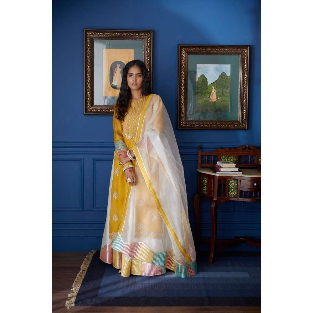 PRATIBHA SULTANIA Mustard Front Slit Kurti with Palazzo & Dupatta with Colourful Hem (Set of 3)