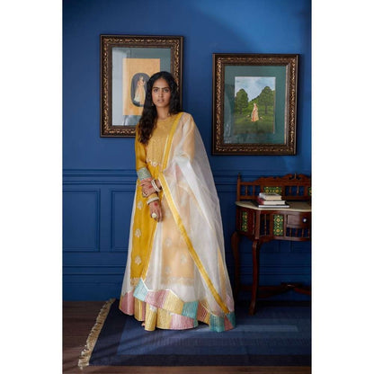 PRATIBHA SULTANIA Mustard Front Slit Kurti with Palazzo & Dupatta with Colourful Hem (Set of 3)