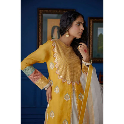 PRATIBHA SULTANIA Mustard Front Slit Kurti with Palazzo & Dupatta with Colourful Hem (Set of 3)