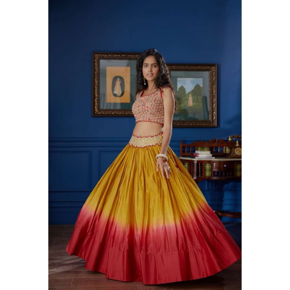 PRATIBHA SULTANIA Red & Mustard Crepe Cut Sleeve Blouse with Lehenga & Dupatta (Set of 3)