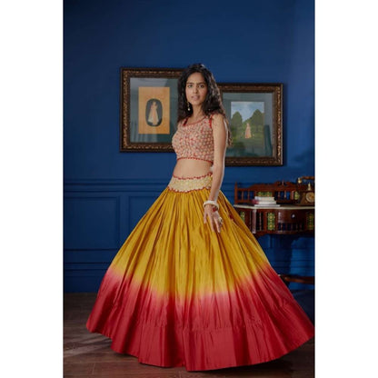 PRATIBHA SULTANIA Red & Mustard Crepe Cut Sleeve Blouse with Lehenga & Dupatta (Set of 3)