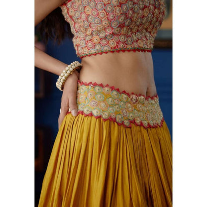 PRATIBHA SULTANIA Red & Mustard Crepe Cut Sleeve Blouse with Lehenga & Dupatta (Set of 3)