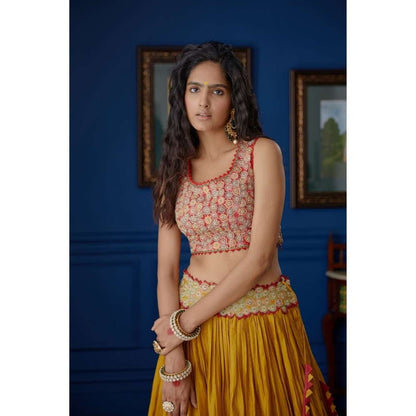 PRATIBHA SULTANIA Red & Mustard Crepe Cut Sleeve Blouse with Lehenga & Dupatta (Set of 3)