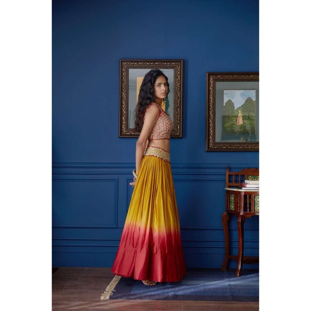 PRATIBHA SULTANIA Red & Mustard Crepe Cut Sleeve Blouse with Lehenga & Dupatta (Set of 3)