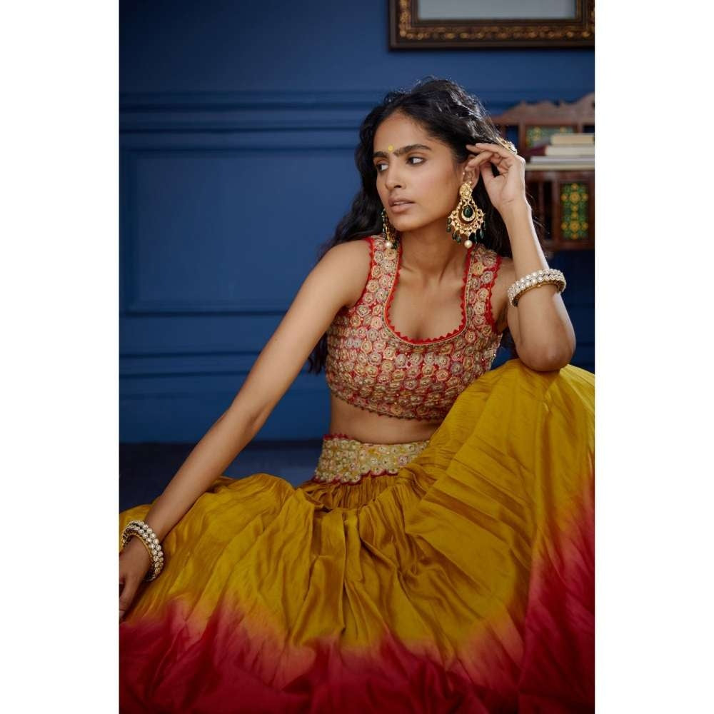 PRATIBHA SULTANIA Red & Mustard Crepe Cut Sleeve Blouse with Lehenga & Dupatta (Set of 3)