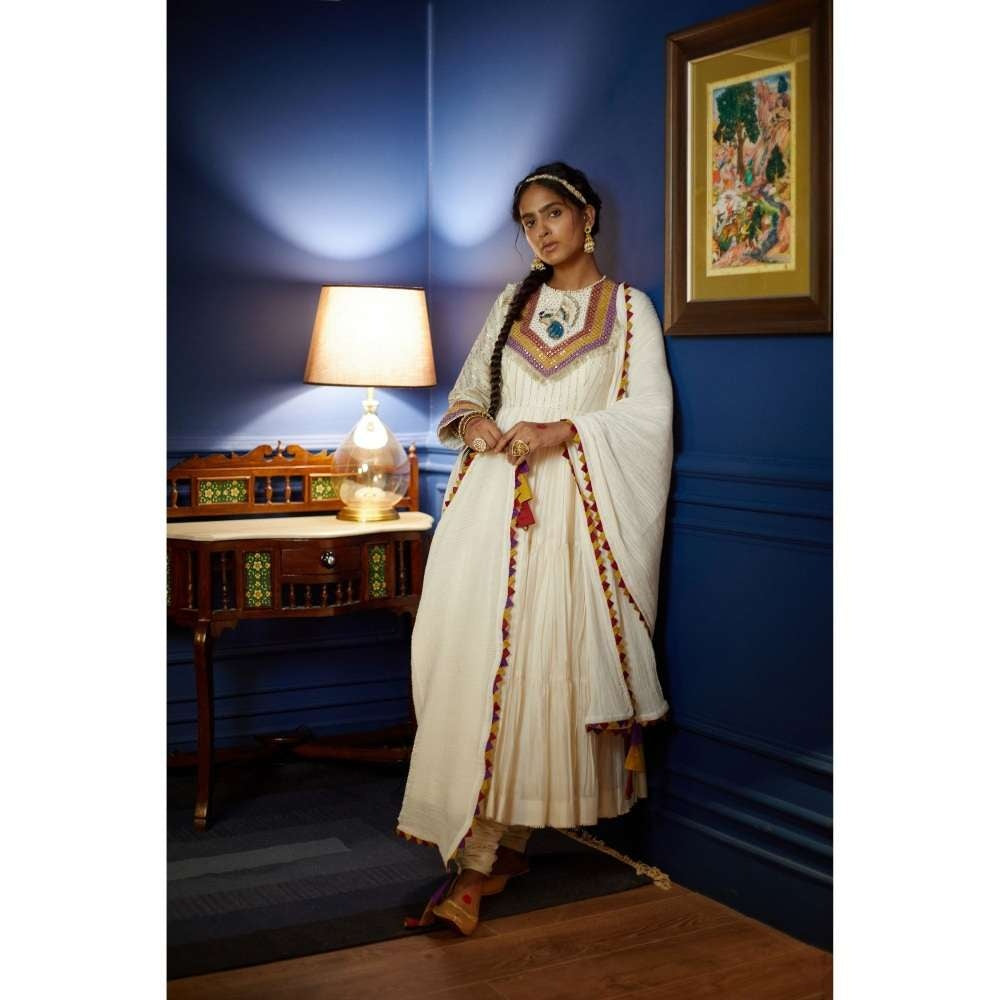 PRATIBHA SULTANIA White Yoke Anarkali Suit Dupatta & Lycra Churidar (Set of 3)