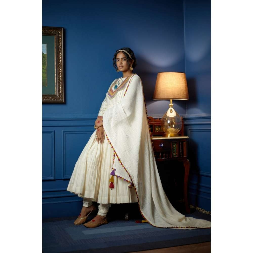 PRATIBHA SULTANIA White Yoke Anarkali Suit Dupatta & Lycra Churidar (Set of 3)