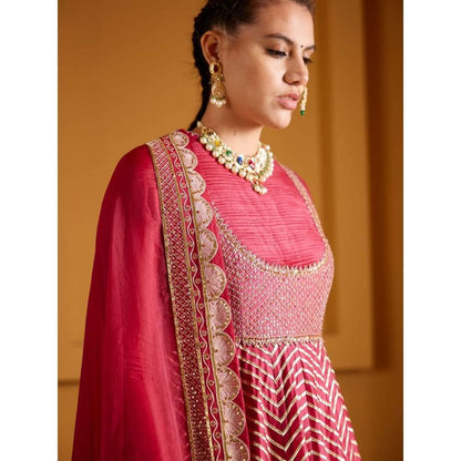 PRATIBHA SULTANIA Embellished Chanderi Magenta Anarkali Kurta with Organza Dupatta (Set of 2)